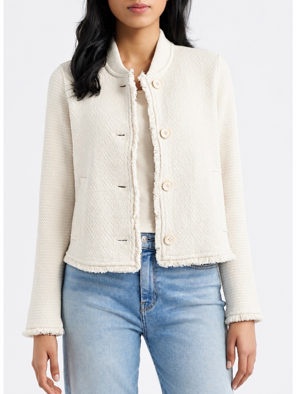 Nic+Zoe Fringe Mix Knit Bomber Jacket S Coconut Cream
